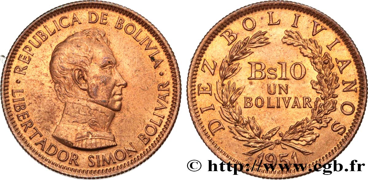 BOLIVIA 10 Bolivianos (1 Bolivar) Simon Bolivar 1951  AU 