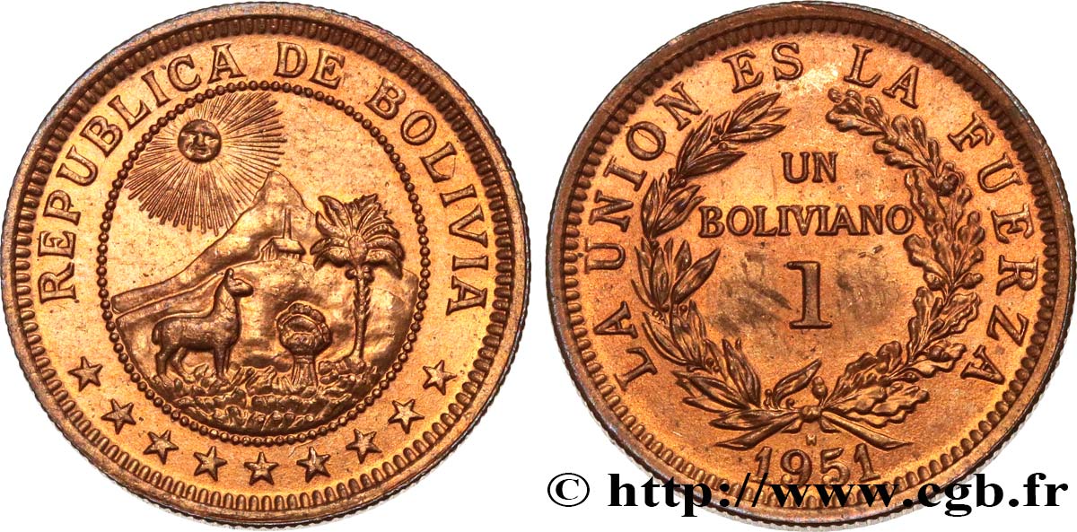 BOLIVIA 1 Boliviano 1951 Heaton MS 