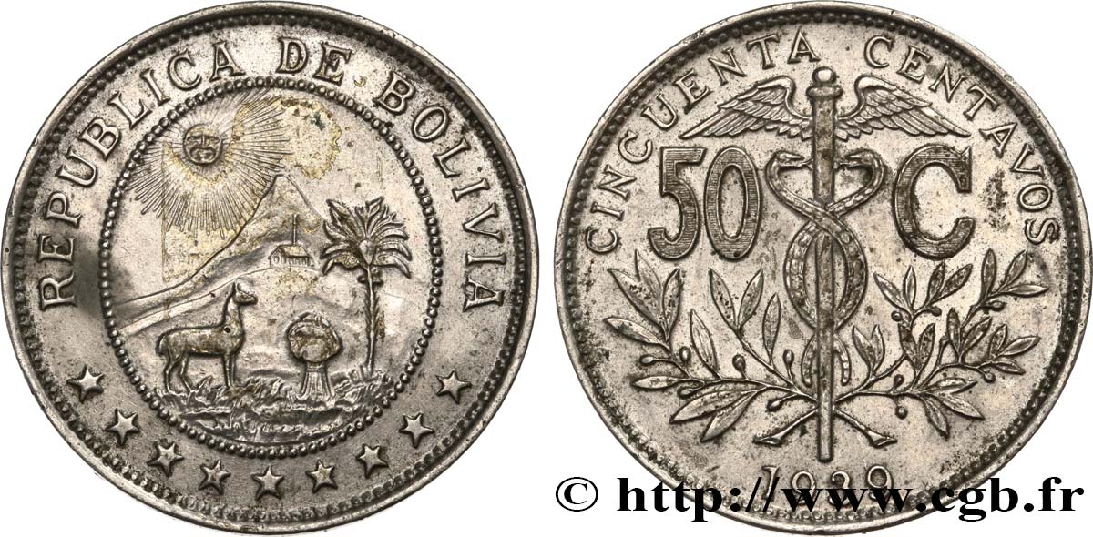 BOLIVIA 50 Centavos 1939  AU 