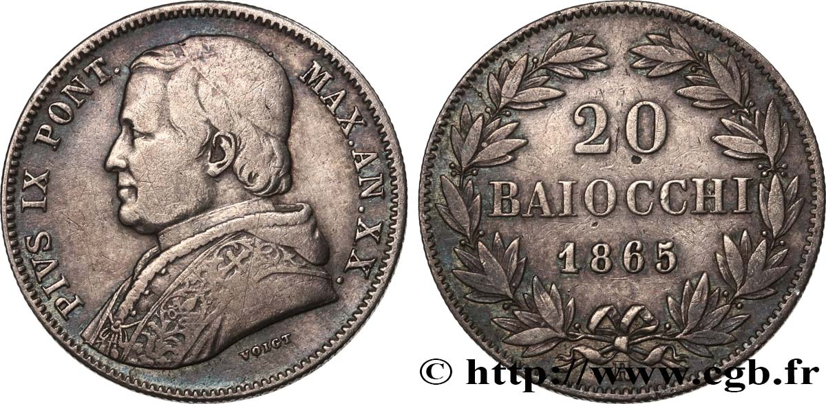 VATICAN ET ÉTATS PONTIFICAUX 20 Baiocchi Pie IX an XX 1865 Rome TB+