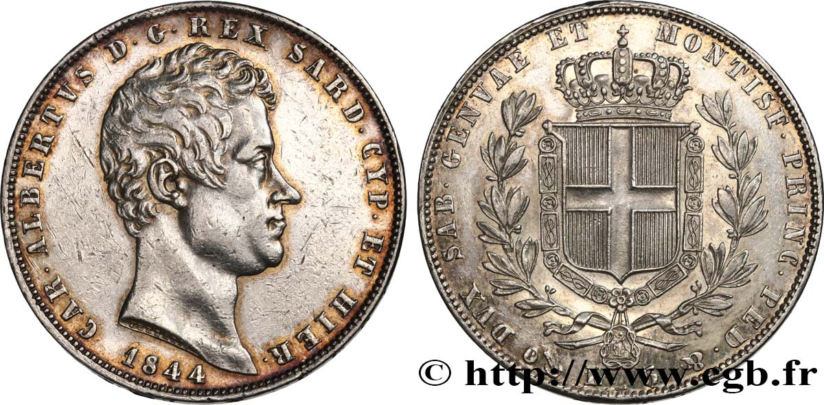 ITALY - KINGDOM OF SARDINIA 5 Lire Charles Albert 1844 Gênes XF/AU 