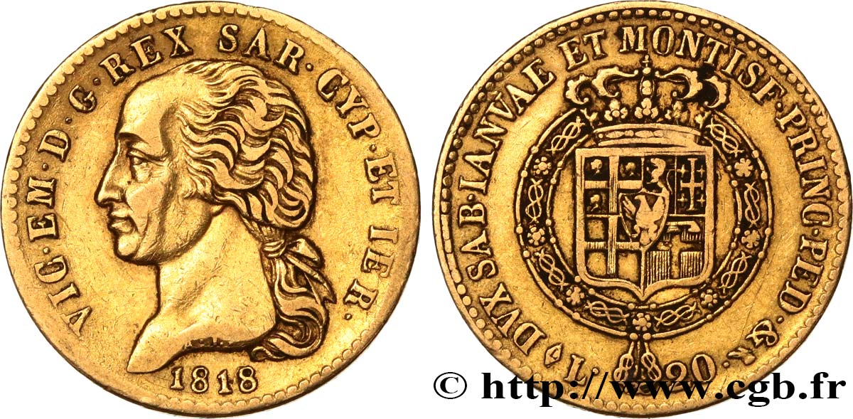 ITALY - KINGDOM OF SARDINIA - VICTOR-EMMANUEL I 20 Lire 1818 Turin VF 