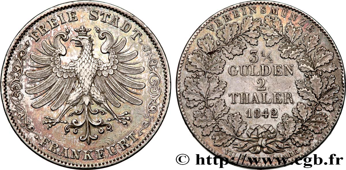 GERMANY - FREE CITY OF FRANKFURT 2 Thaler (3 1/2 Gulden) 1842 Francfort AU 