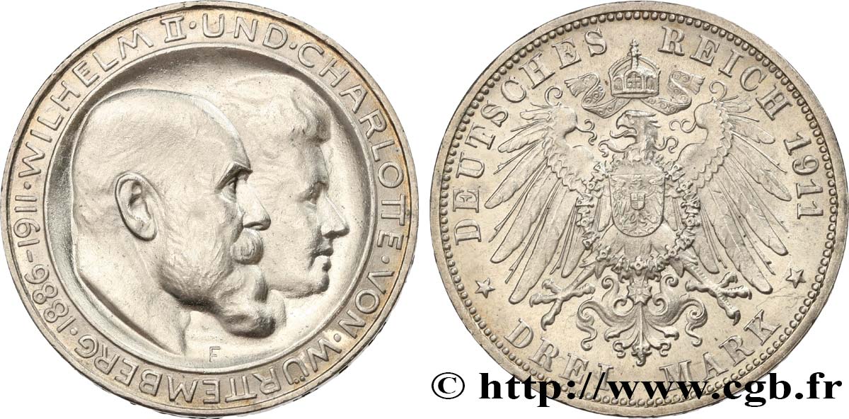 ALEMANIA - BAVIERA 3 Mark, Willem II et Charlotte 1911  EBC 