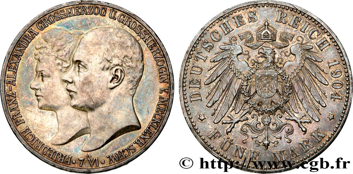 GERMANY - MECKLENBURG-SCHWERIN - FREDERICK-FRANCIS IV 5 Mark 1904 Berlin XF 