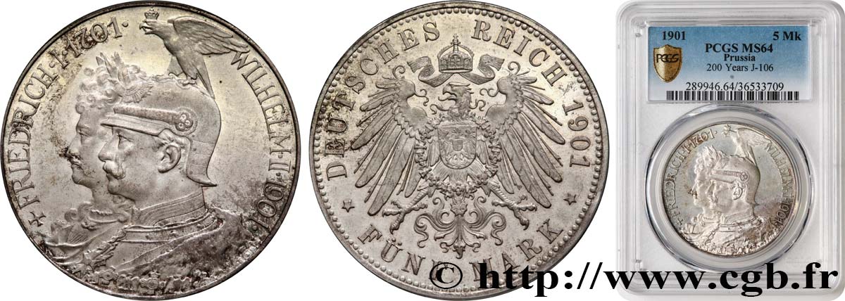GERMANIA - PRUSSIA 5 Mark Guillaume II 200e anniversaire de la Prusse 1901 Berlin MS64 PCGS