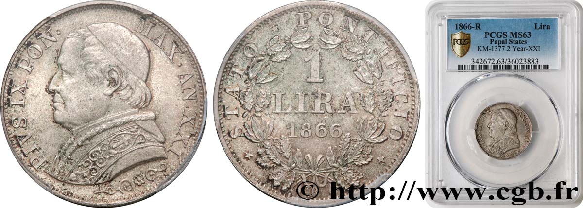 ITALY - PAPAL STATES - PIUS IX (Giovanni Maria Mastai Ferretti) 1 Lire type grand buste an XXI 1866 Rome MS63 PCGS