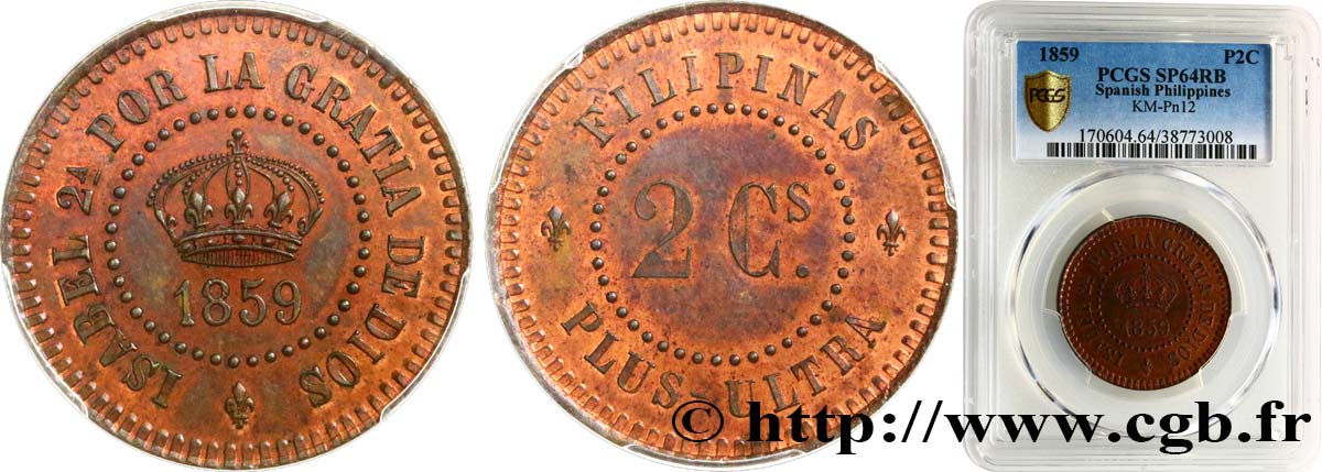 PHILIPPINES Essai de 2 centimos Isabelle II 1859  MS64 PCGS
