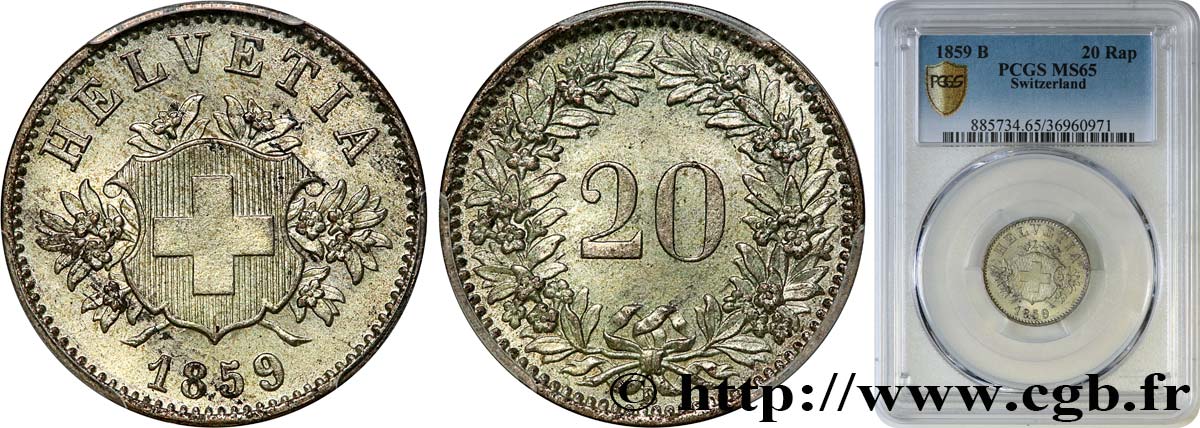 SUIZA 20 Centimes (Rappen) 1859 Berne FDC65 PCGS