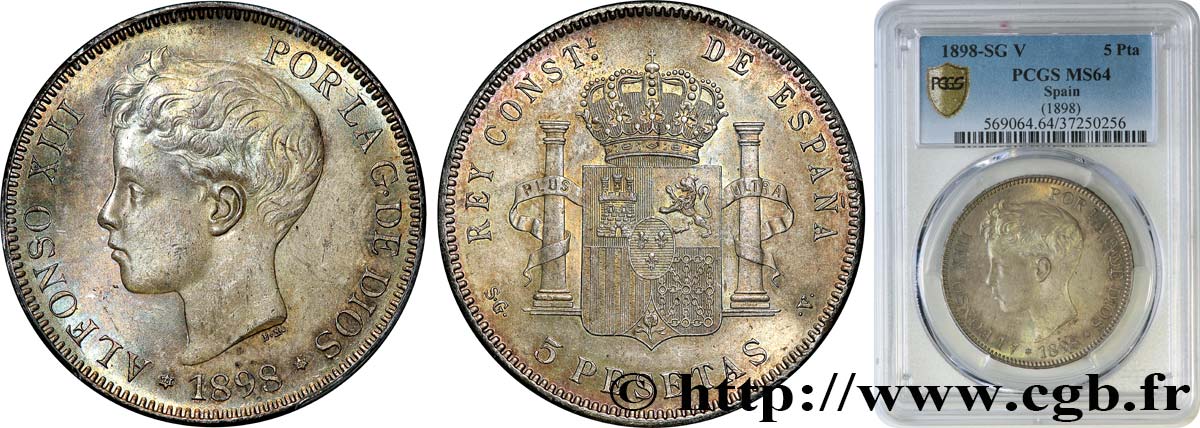 SPAIN - KINGDOM OF SPAIN - ALFONSO XIII 5 Pesetas, 3e type 1898 Madrid MS64 PCGS