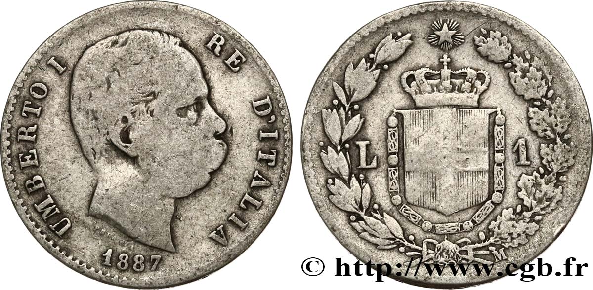 ITALY 1 Lira Humbert Ier 1887 Milan VF/XF