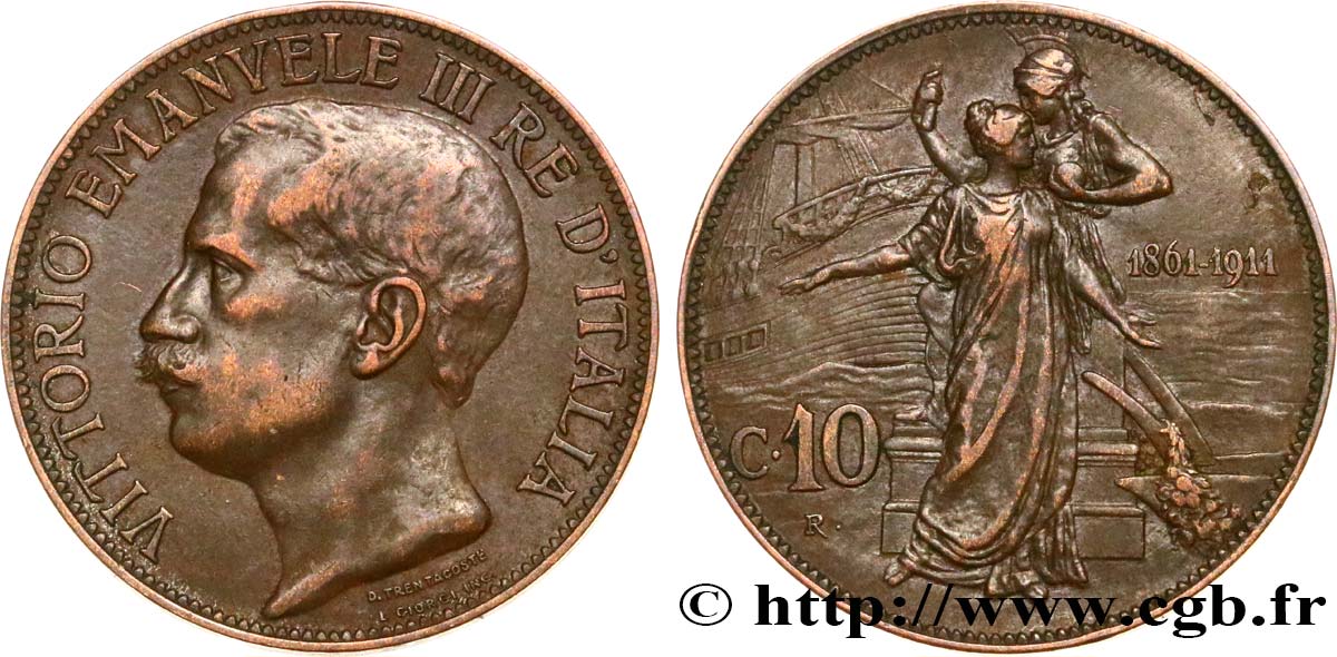 ITALIE 10 Centesimi Victor Emmanuel III - 50e anniversaire de l’Unité Italienne 1911 Rome TTB