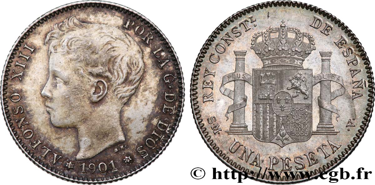 SPAGNA 1 Peseta Alphonse XIII, 3e type de buste 1901 Madrid MS/FDC 