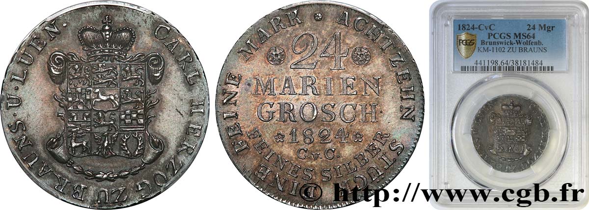 GERMANY - BRUNSWICK-WOLFENBUTTEL - KARL II 24 Mariengroschen 1824 Brunswick MS64 PCGS