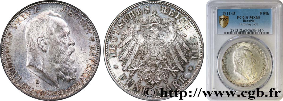GERMANY - BAVARIA 5 Mark Léopold 1911 Munich  MS63 PCGS