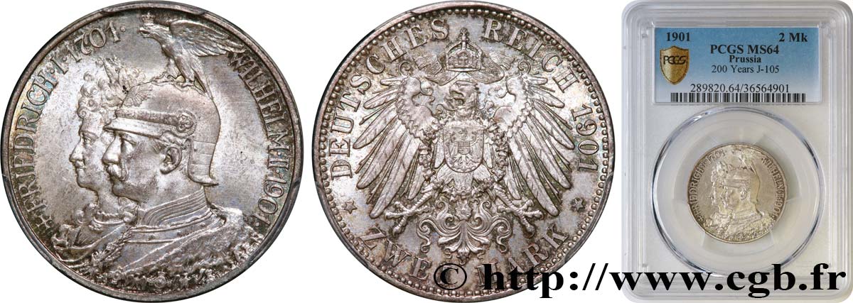GERMANIA - PRUSSIA 2 Mark Guillaume II 200e anniversaire de la Prusse 1901 Berlin MS64 PCGS