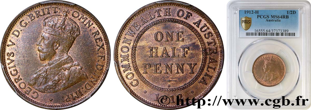 AUSTRALIA - GEORGE V 1/2 Penny 1912 Heaton MS64 PCGS