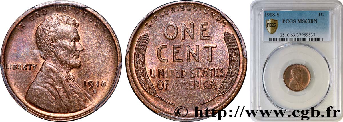 UNITED STATES OF AMERICA 1 Cent Proof Lincoln 1918 San Francisco MS63 PCGS