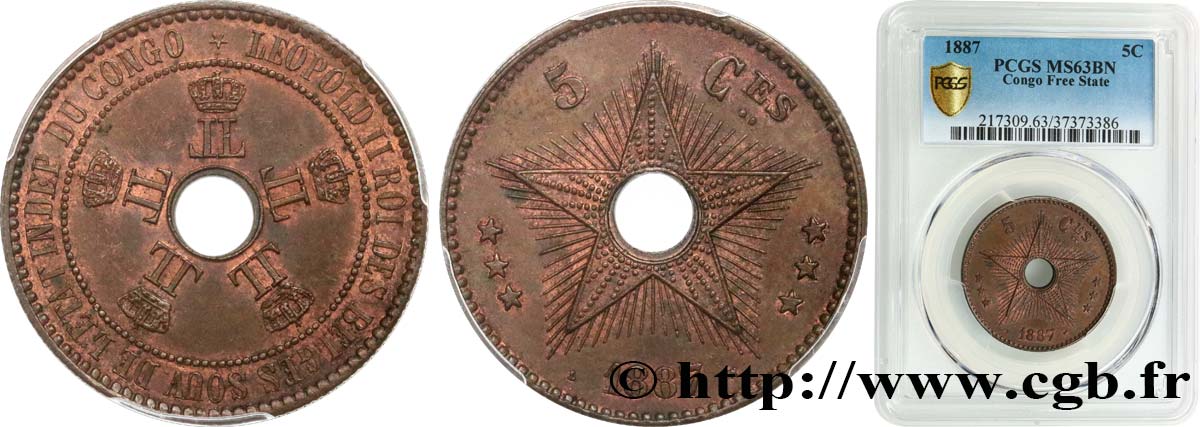 CONGO FREE STATE 5 Centimes Léopold II 1887  MS63 PCGS
