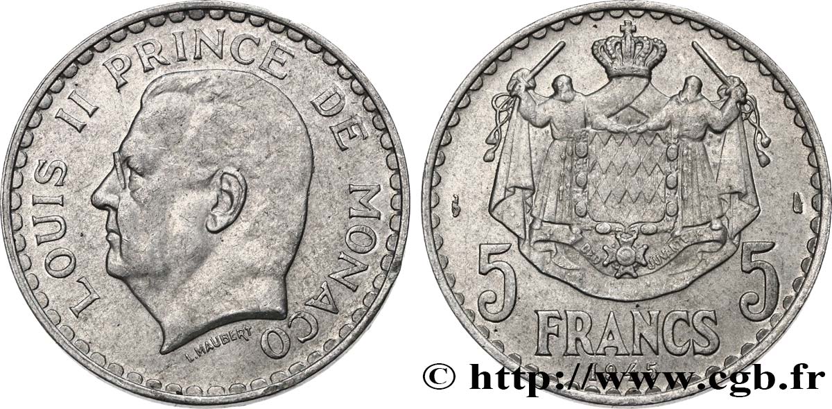 MONACO 5 Francs Louis II 1945 Paris AU