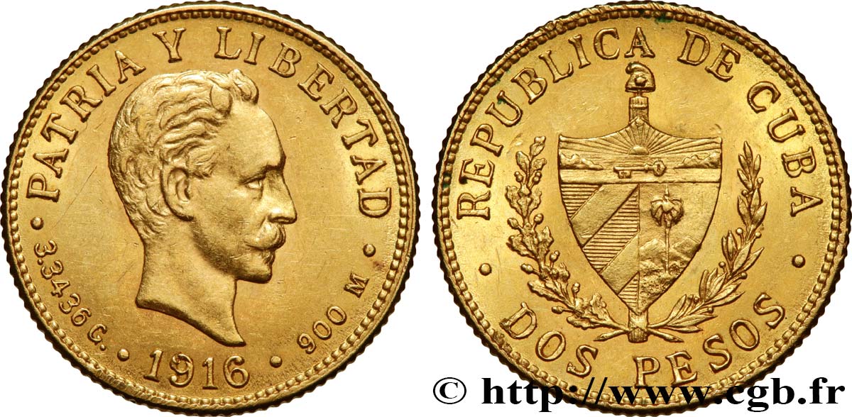 CUBA 2 Pesos 1916  AU/MS 