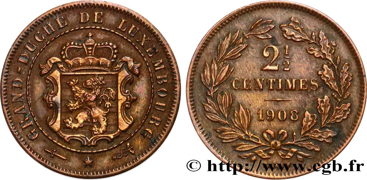 LUXEMBOURG 2 1/2 Centimes écu couronné 1908 Utrecht AU