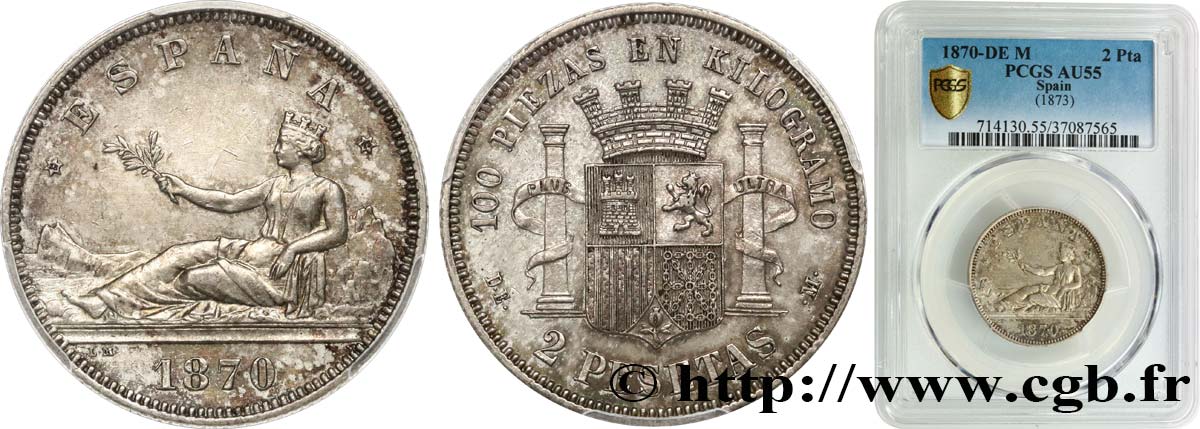 ESPAÑA 2 Pesetas “ESPAÑA” (18-73) 1870 Madrid EBC55 PCGS