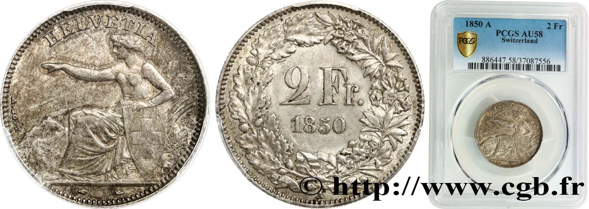 SCHWEIZ 2 Francs Helvetia 1850 Paris VZ58 PCGS