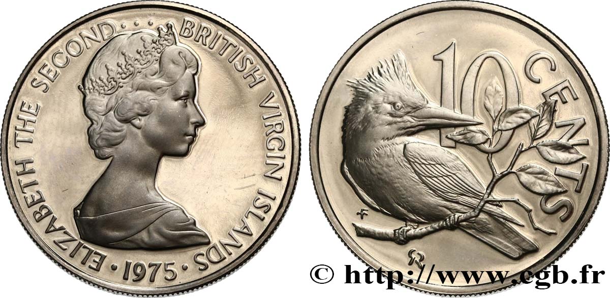 BRITISH VIRGIN ISLANDS 10 Cents Proof Elisabeth II / Martin-pêcheur(oiseau) 1975 Franklin Mint MS