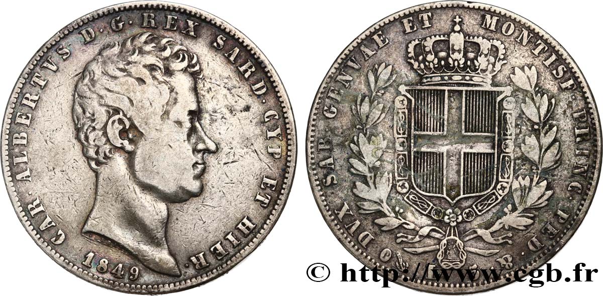 ITALY - KINGDOM OF SARDINIA 5 Lire Charles Albert 1849 Gênes VF
