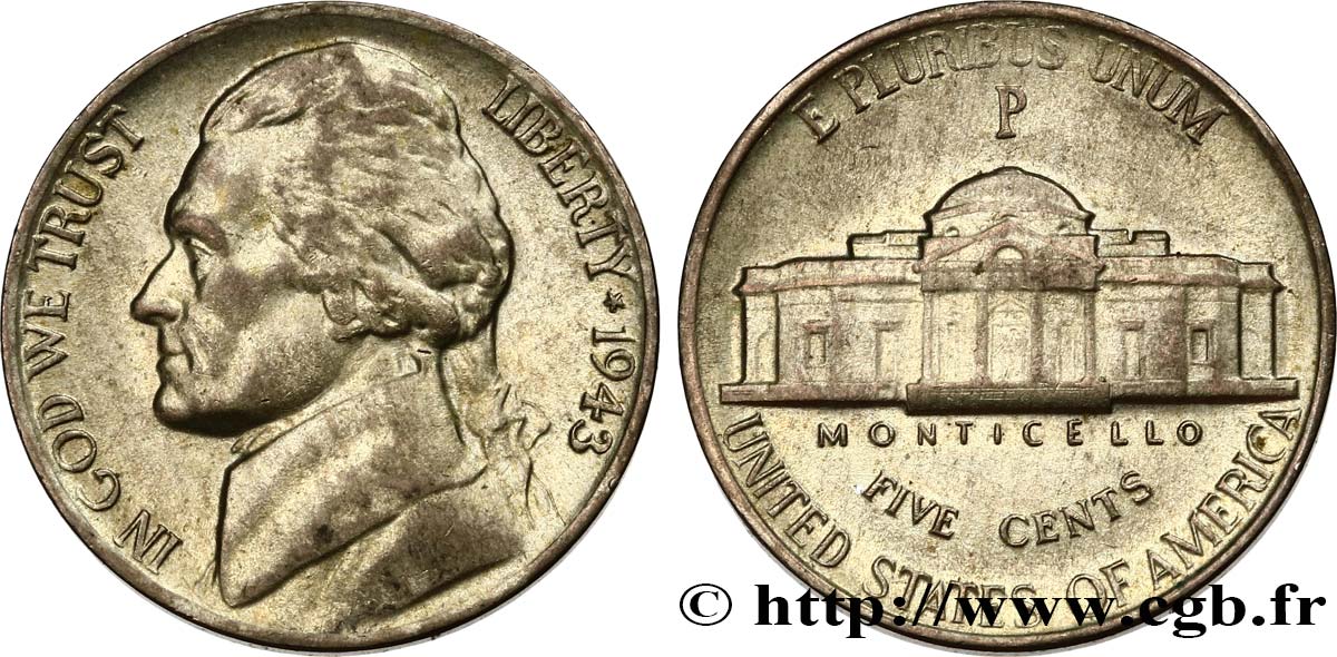 ÉTATS-UNIS D AMÉRIQUE 5 Cents Président Thomas Jefferson / Monticello 1943 Philadelphie TTB