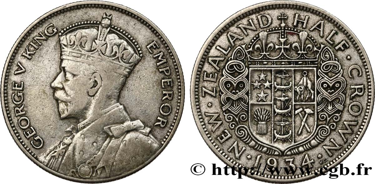 NOUVELLE-ZÉLANDE 1/2 Crown Georges V / écu couronné 1934 TB+