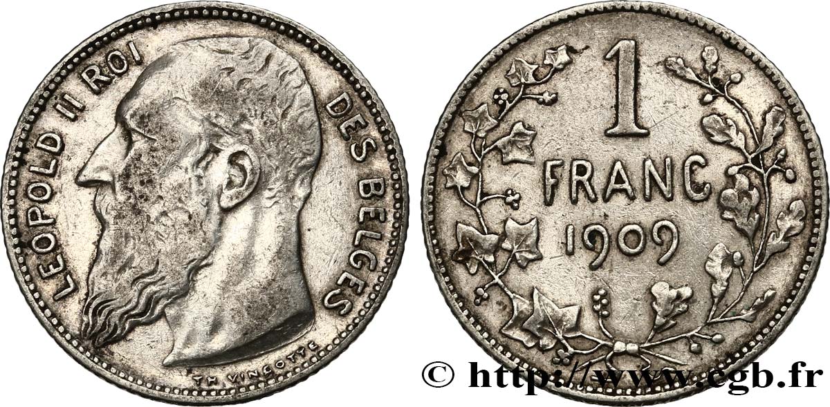BELGIQUE 1 Franc Léopold II légende française 1909 TB+