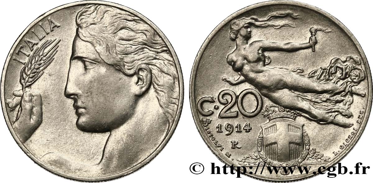 ITALIE 20 Centesimi Italie / allégorie de la Liberté 1914 Rome SUP