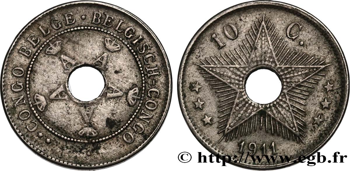 BELGIAN CONGO 10 Centimes monogramme A (Albert) couronné 1911 XF