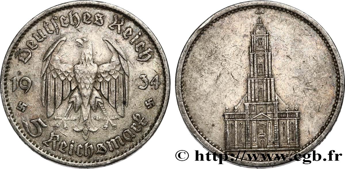 GERMANY 5 Reichsmark église de la garnison de Potsdam 1934 Berlin VF