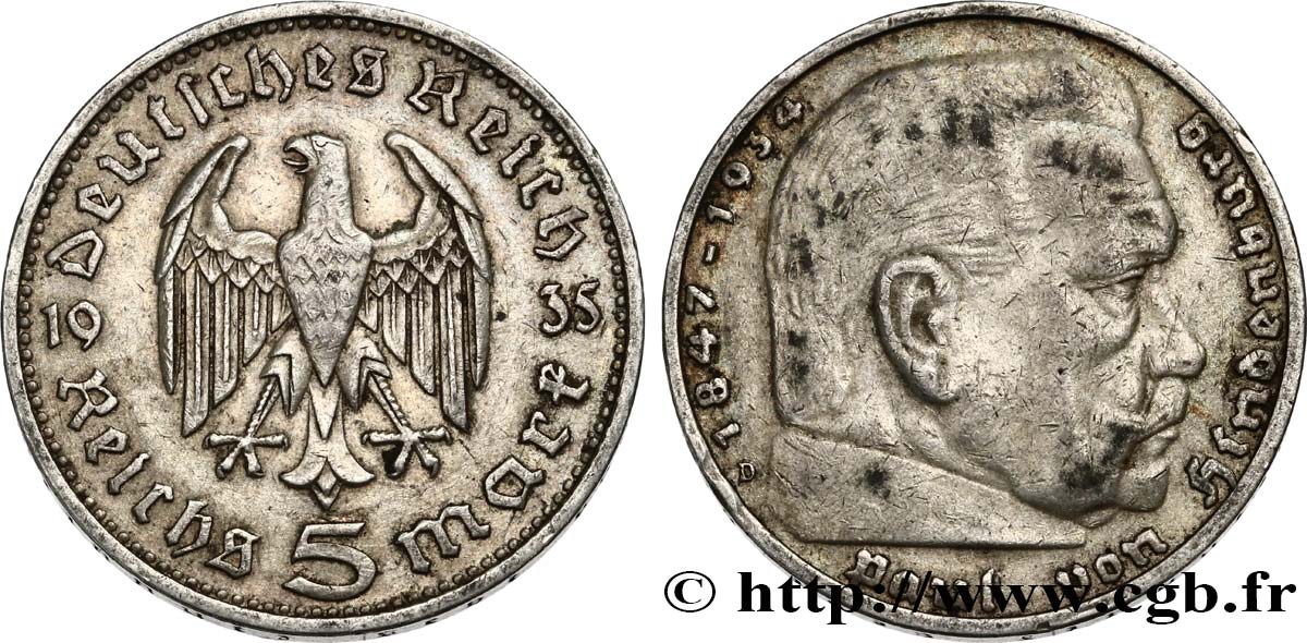 GERMANY 5 Reichsmark Maréchal Paul von Hindenburg 1935 Munich XF