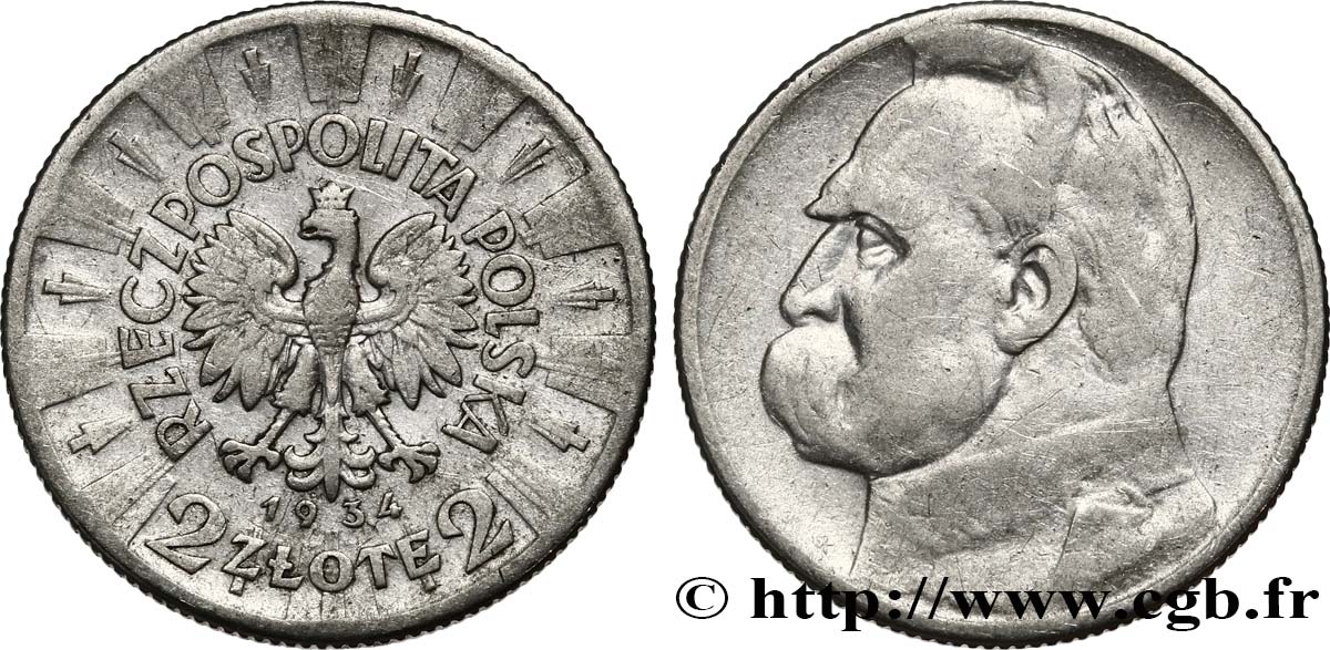 POLAND 2 Zlote aigle / Joseph Pilsudski, 20e anniversaire de la fondation de la Ligue des fusiliers polonais 1934 Varsovie VF