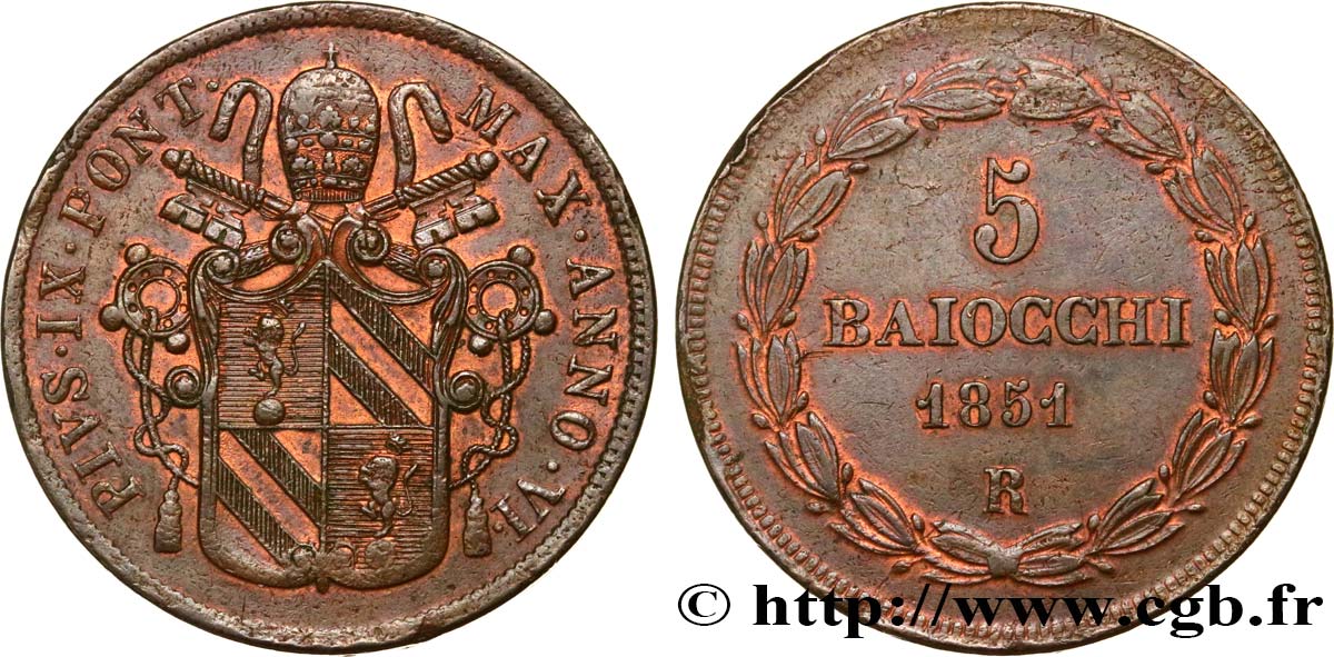 ITALY - PAPAL STATES - PIUS IX (Giovanni Maria Mastai Ferretti) 5 Baiocchi an VI 1851 Rome AU 