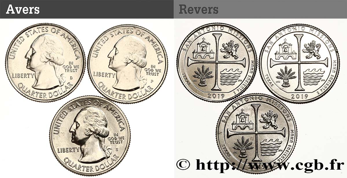 UNITED STATES OF AMERICA Lot de trois monnaies 1/4 Dollar Missions de San Antonio - Texas 2019 Philadelphie-Denver-San Francisco MS 