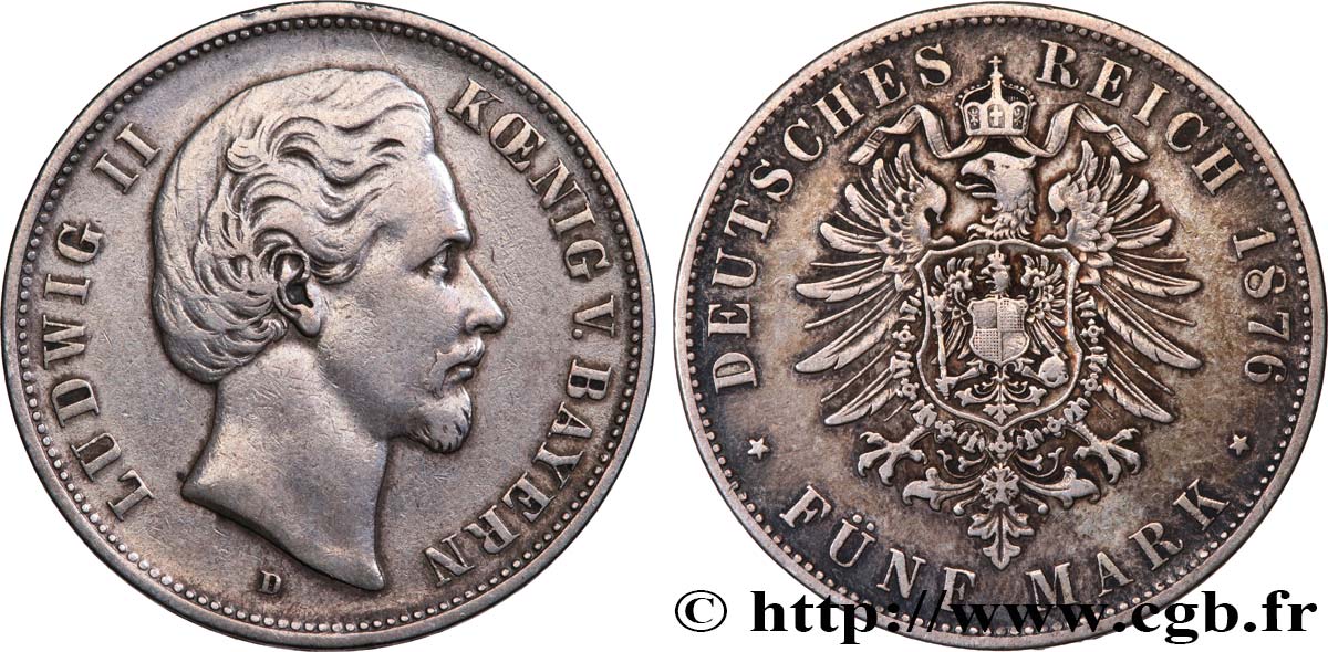 GERMANY - BAVARIA 5 Mark Louis II 1876 Munich VF 