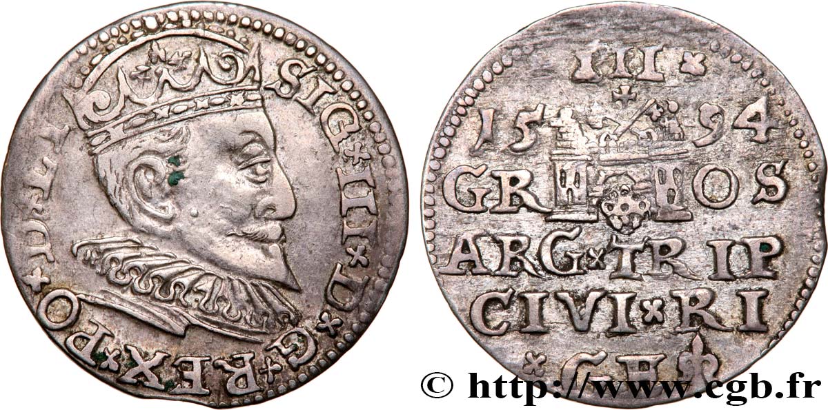 POLOGNE - ROYAUME DE POLOGNE - SIGISMOND III VASA 3 Groschen 1594 Riga TTB 