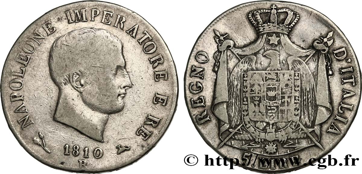 ITALIE - ROYAUME D ITALIE - NAPOLÉON Ier 5 lire 1810 Bologne B+ 