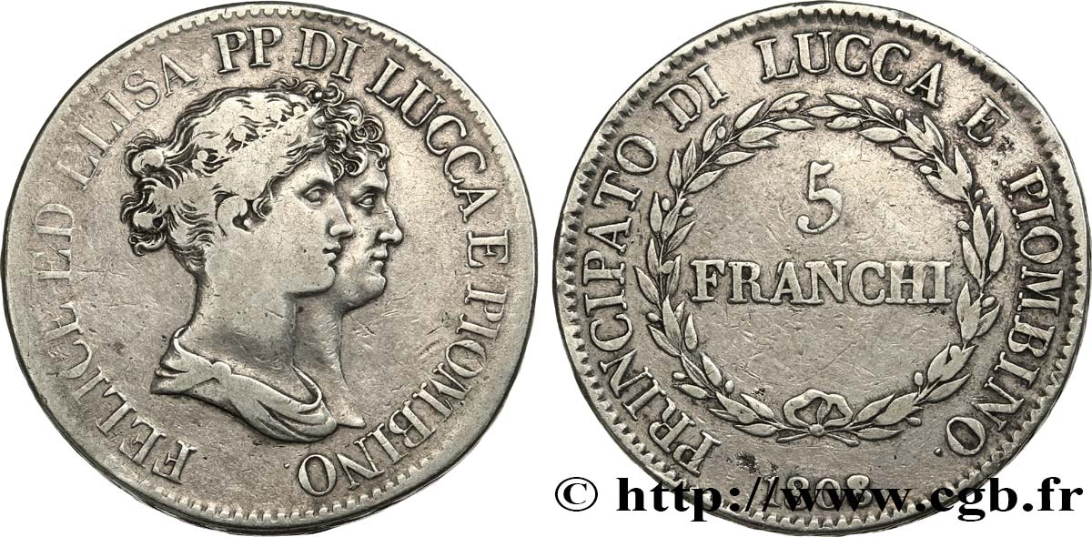 ITALY - PRINCIPALTY OF LUCCA AND PIOMBINO - FELIX BACCIOCHI AND ELISA BONAPARTE 5 Franchi  1808 Florence VF/VF 