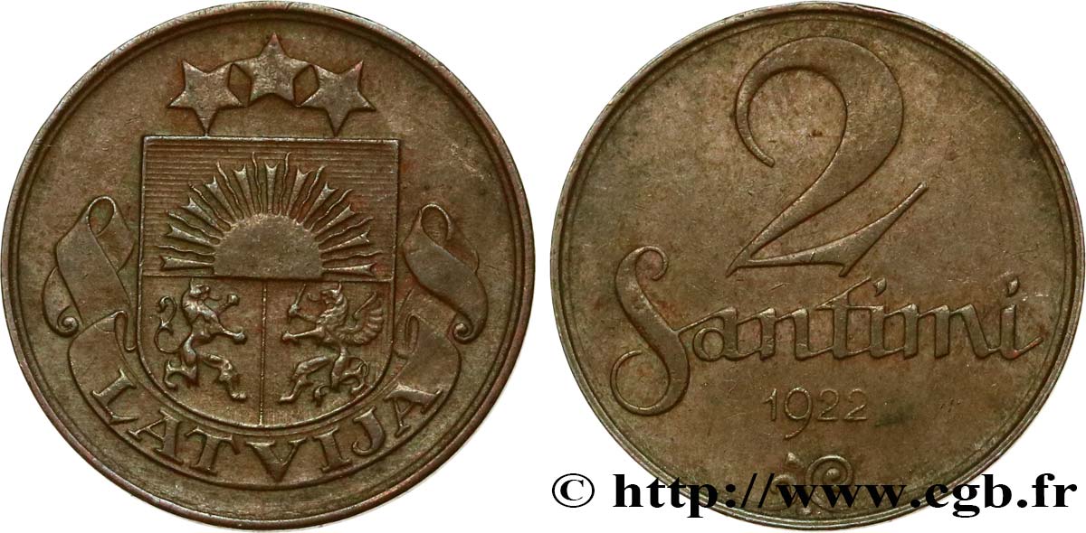 LETTONIA 2 Santimi emblème variété sans nom d’atelier 1922 Huguenin, Le Locle, Suisse BB