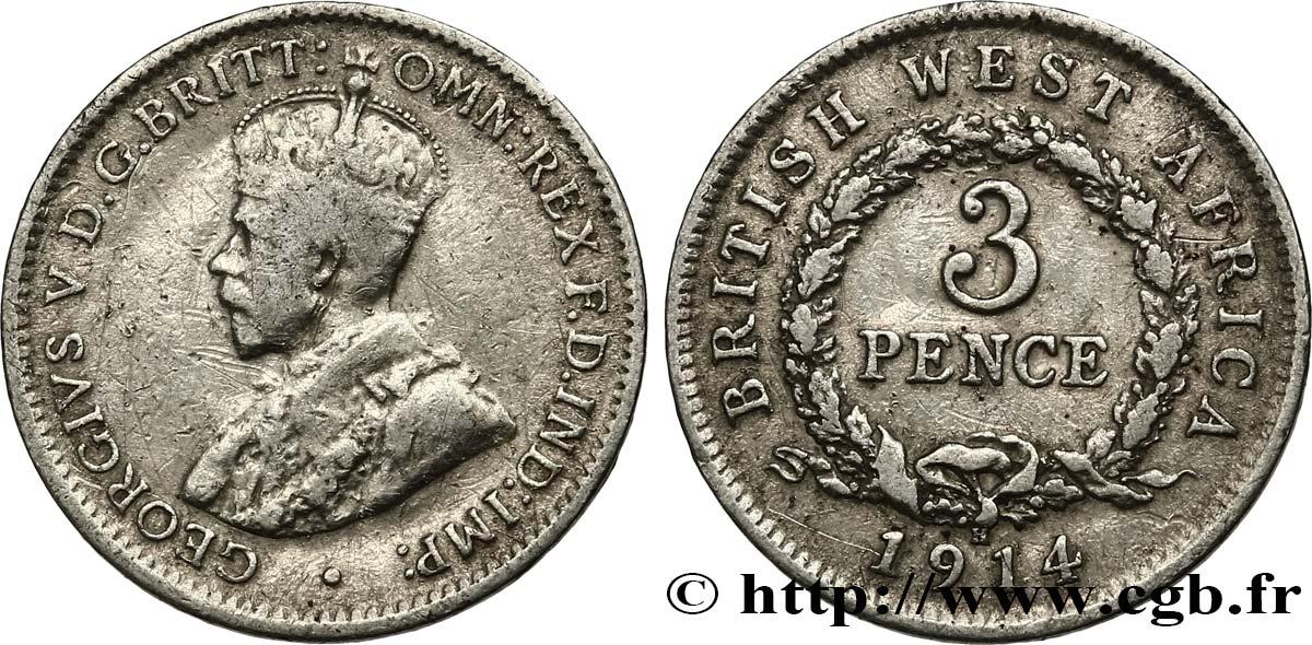 AFRICA DI L OVEST BRITANNICA 3 Pence Georges V 1914 Heaton MB