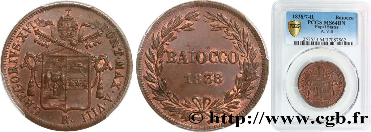 ITALIA - ESTADOS PONTIFICOS - GRÉGOIRE XVI 1 Baiocco an VIII 1838 Rome SC64 PCGS
