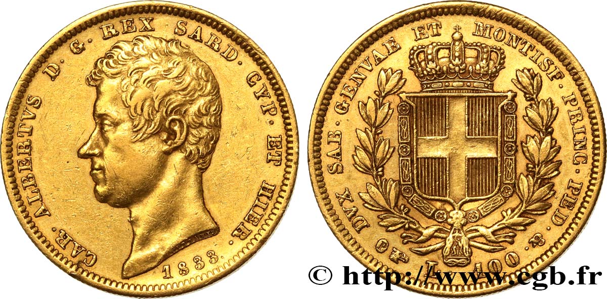 ITALIE - ROYAUME DE SARDAIGNE - CHARLES-ALBERT 100 Lire 1833 Turin TTB 