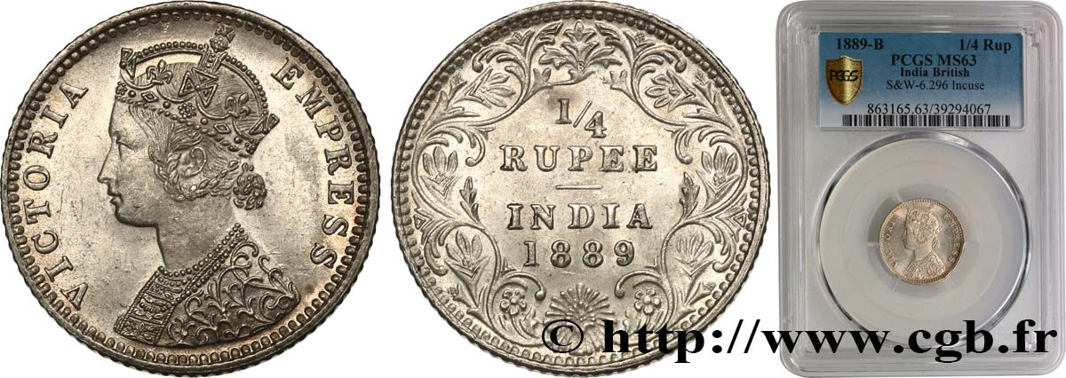 INDIA BRITANNICA 1/4 Rupee (Roupie) Victoria 1889 Bombay MS63 PCGS