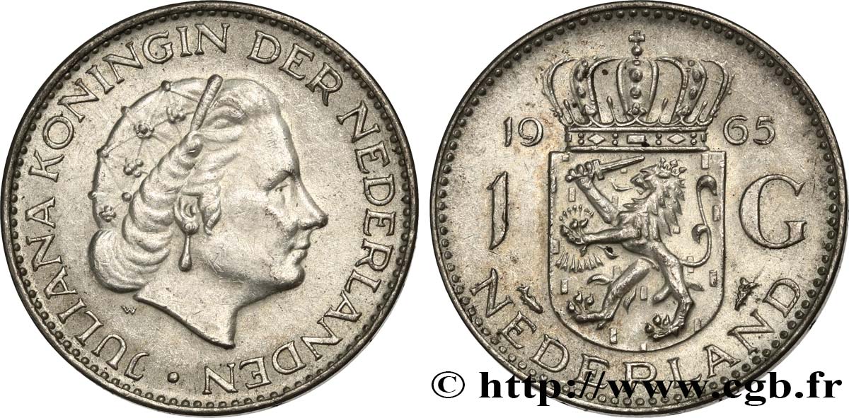 NETHERLANDS 1 Gulden Juliana 1965 AU